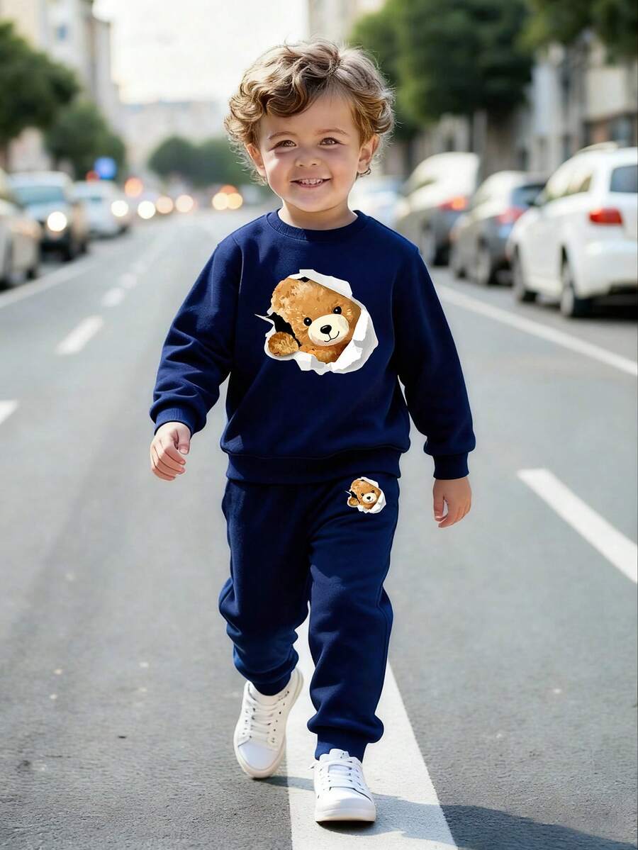 2 Stücke/Set Kleine Jungen Cartoon Bär Muster Rundhals Sweatshirt und Jogginghose, Lässig Mode, Outfit, Kinder Winterbekleidung, Herbst/Winter, Langarm Top, Kleine Jungen Schwarz Rundhals Sweatshirt und Jogginghose Set