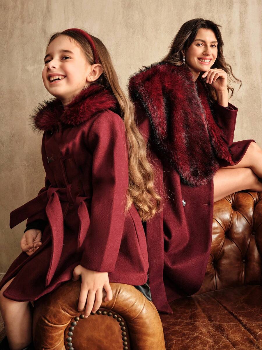 SHEIN Abrigo largo para niñas con diseño de cuello y cinturón de piel de alta gama, color burdeos, para otoño/invierno - Burdeos - Ver 1
