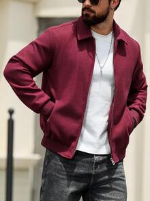 Manfinity CasualCool 男士纯色长袖拉链领羊毛休闲夹克，秋冬 - 酒紅色 - 查看 5
