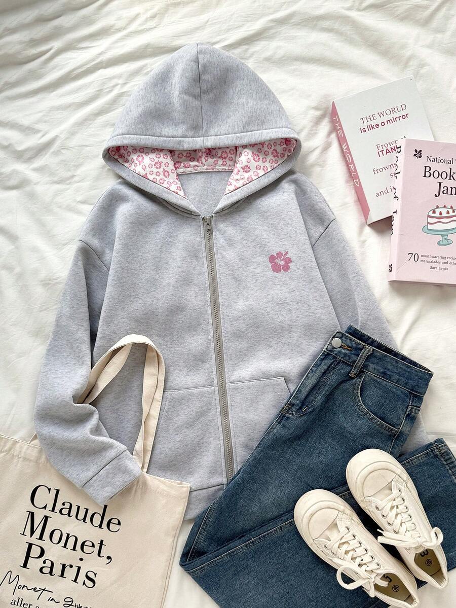 Teen Girl Sweet Cute Cherry Pattern Pink Zip-Up Jacket With Thermal Lining, Warm Sweatshirt For Autumn/Winter