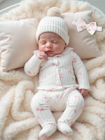 SHEIN 3pcs/Set Baby Girls Cute Sweet Round Neck Lace Trim Long Sleeve Top + Pants + Headband Outfit, Pink Striped Cherry Print Pattern, Infant Girls Clothing, Casual, Comfortable, Fashionable, Minimalist, Practical, Multifunctional, Soft & Cozy Outfit, Great Gift, Essential For Every Baby, Suitable For All Seasons, Outdoor Wear