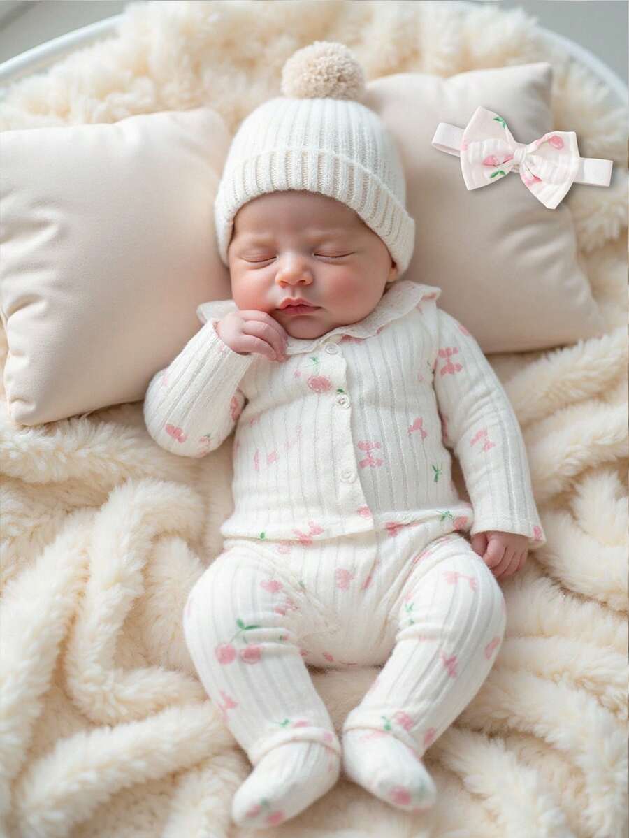 SHEIN Bộ 3 món đồ bộ áo dài tay cổ tròn viền ren dễ thương cho bé gái + quần + băng đô, họa tiết sọc hồng in hình quả anh đào, quần áo trẻ sơ sinh cho bé gái, thường ngày, thoải mái, thời trang, tối giản, thiết thực, đa chức năng, trang phục mềm mại và ấm áp, món quà tuyệt vời, cần thiết cho mọi bé, phù hợp với mọi mùa, mặc ngoài trời - Nhiều màu - Xem 1