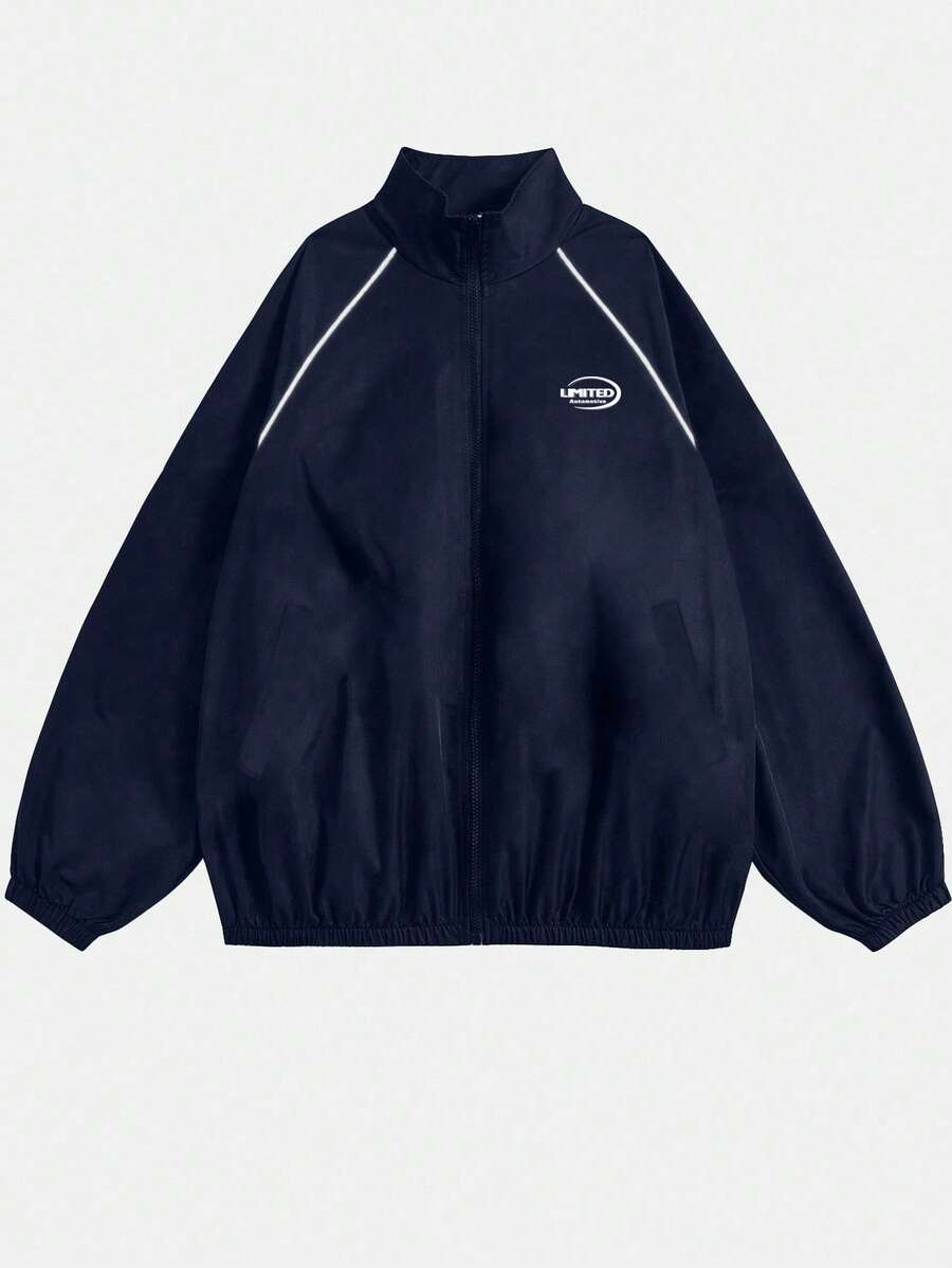 Manfinity Dauomo Men's Casual Letter Print Reflective Contrast Stripe Long Sleeve Jacket - Navy Blue - View 1