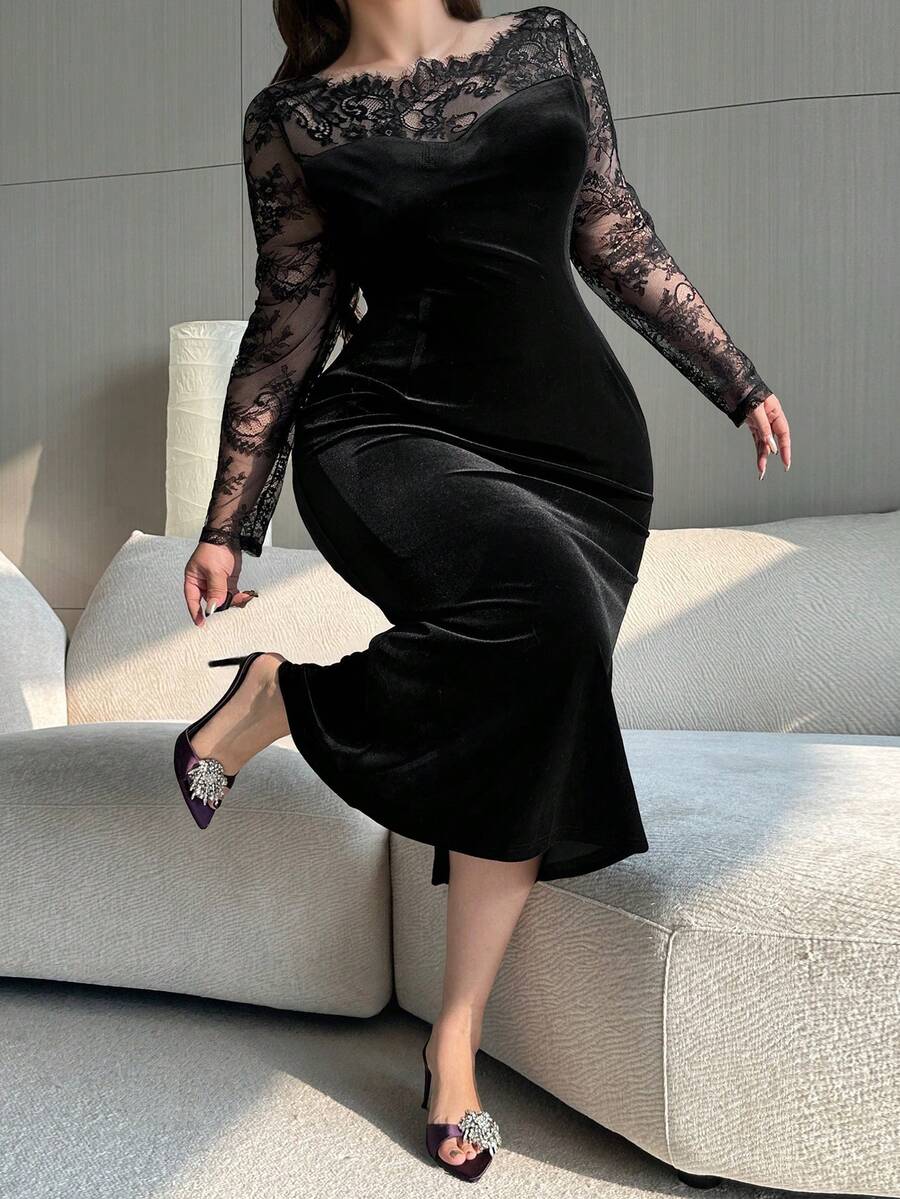 Dazy Plus Plus Size Women's Velvet Contrast Lace Bodycon Party Dress, Sexy & Stretchy For Dates Prom Dress