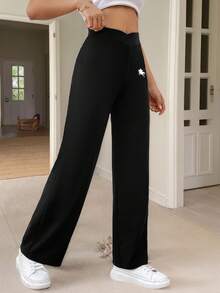 SHEIN PETITE CURVE Quần ống đứng cạp cao thanh lịch màu đen cho nữ cỡ lớn - màu đen - Xem 4