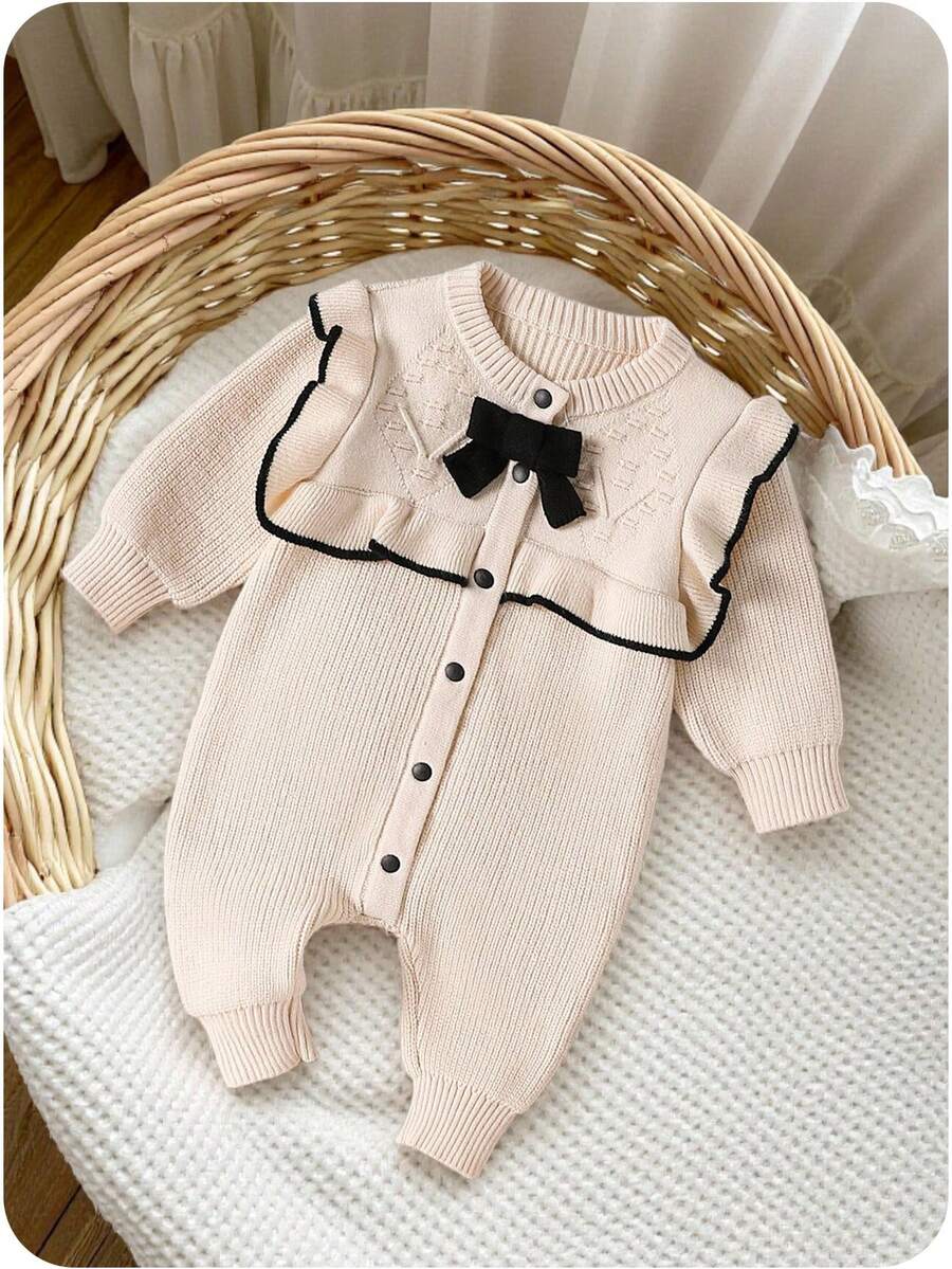 SHEIN Baby Girl Contrast Color Ruffle Bow Decor Knitted Romper Fall Winter - Beige - View 1