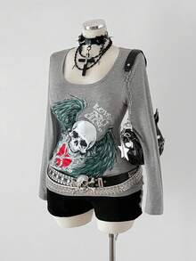 Sunspun Plus Size Vintage Punk Skull & Wing Print Long Sleeve T-Shirt, Autumn - Grey - View 6