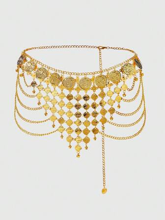 Fairycore 1 pezzo Accessorio da donna con monete dorate, nappine e campanellini, catena boho, decorazione per vita di abiti e gonne, versatile per uso quotidiano