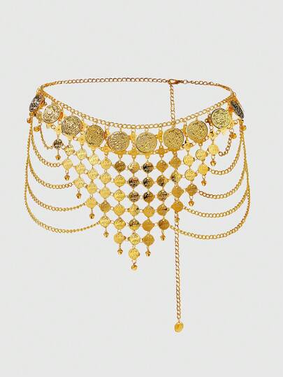 Fairycore 1pc Women Golden Coin Accessories With Bell Tassel Boho Chain Coin Decor Waist Skirt Dress Accessories, Versatile For Daily Wear