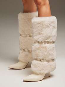 SHUZIA 女士迷人毛茸茸尖头细高跟冬季保暖舒适及膝靴 - 白色 - 查看 2