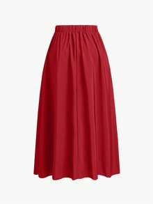 EMERY ROSE Plus Size Solid Color Skirt With Pockets Women Maxi Skirt - Red - View 2