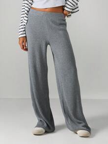 MISSGUIDED Ribbed Knit Wide Leg Palazzo Pants High Rise Comfortable Loungewear Casual Bottoms - Grey - View 1