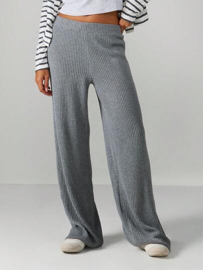 MISSGUIDED Ribbed Knit Wide Leg Palazzo Pants High Rise Comfortable Loungewear Casual Bottoms