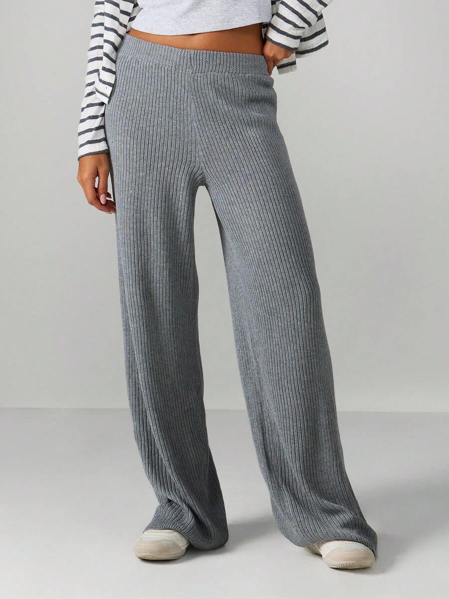 MISSGUIDED Ribbed Knit Wide Leg Palazzo Pants High Rise Comfortable Loungewear Casual Bottoms - Grey - View 1