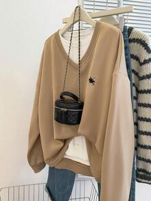 INAWLY 大码女式 V 领落肩长袖休闲宽松运动衫，带骑士印花，秋冬