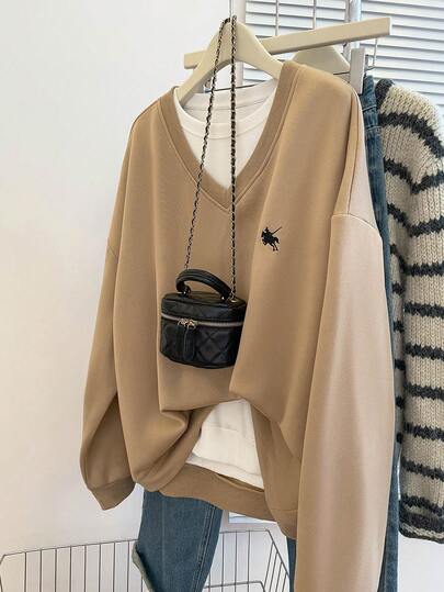 INAWLY 大码女式 V 领落肩长袖休闲宽松运动衫，带骑士印花，秋冬