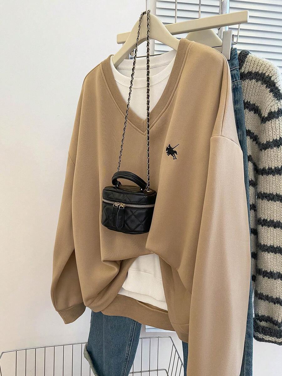 INAWLY 大码女式 V 领落肩长袖休闲宽松运动衫，带骑士印花，秋冬