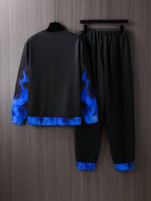 SHEIN 2件套青少年男童休闲舒适百搭火焰印花圆领运动衫和运动裤套装