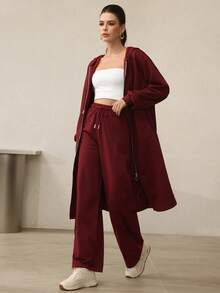 Graceveil 酒红色宽松连帽长袖休闲百搭拉链夹克，适合秋冬季 - 酒紅色 - 查看 2