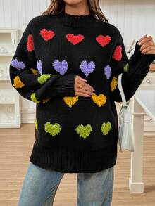 SHEIN Áo len dệt kim cổ tròn hở vai họa tiết trái tim cho bà bầu - màu đen - Xem 4