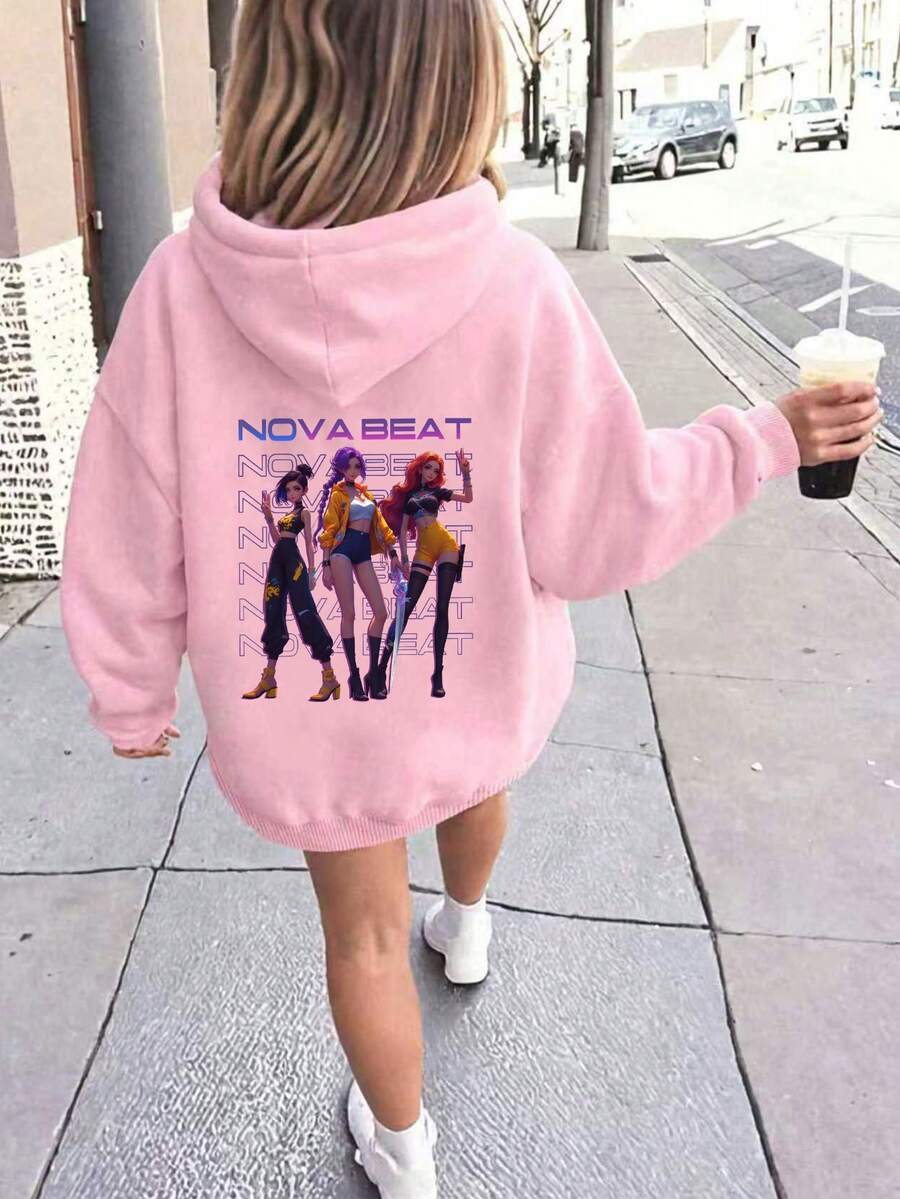 Young Girl Casual K-POP Cartoon Girl Print Hooded Sweatshirt, Fashionable Street Style Graphic Pullover Sweatshirt For Autumn/Winter - Pink - View 1