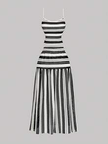 SHEIN MOD 女士杏色和黑色条纹优雅荷叶边吊带背心和长裙两件套，女士度假装，女士西部装，乡村装，度假两件套 - 黑與白 - 查看 3