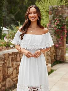 KARISMINA 海滩女士服装夏季度假露肩蕾丝拼布荷叶边收腰女士白色连衣裙