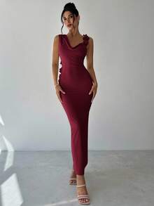 Firerie Vestido recto con hombros asimétricos, sin mangas, con estampado floral y lazo en la espalda, elegante, romántico y encantador, adecuado para fiestas, bodas, graduaciones y otros eventos, ideal para el verano, el regreso a la escuela, el aeropuerto y salidas - Burdeos - Ver 3