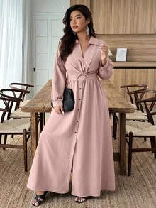 SHEIN LUNE Đầm sơ mi tay dài màu trơn thiết kế xoắn cỡ lớn cho nữ - Bụi hồng - Xem 5