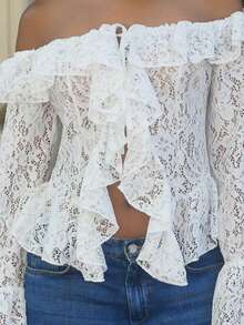 Yess Loren Women Summer Vacation Casual Open Front Ruffle Trim Off Shoulder Long Sleeve Sheer White Lace Blouse - White - View 6