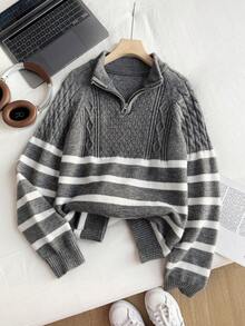 男式半拉链扭绳长袖毛衣 - 灰色 - 查看 1