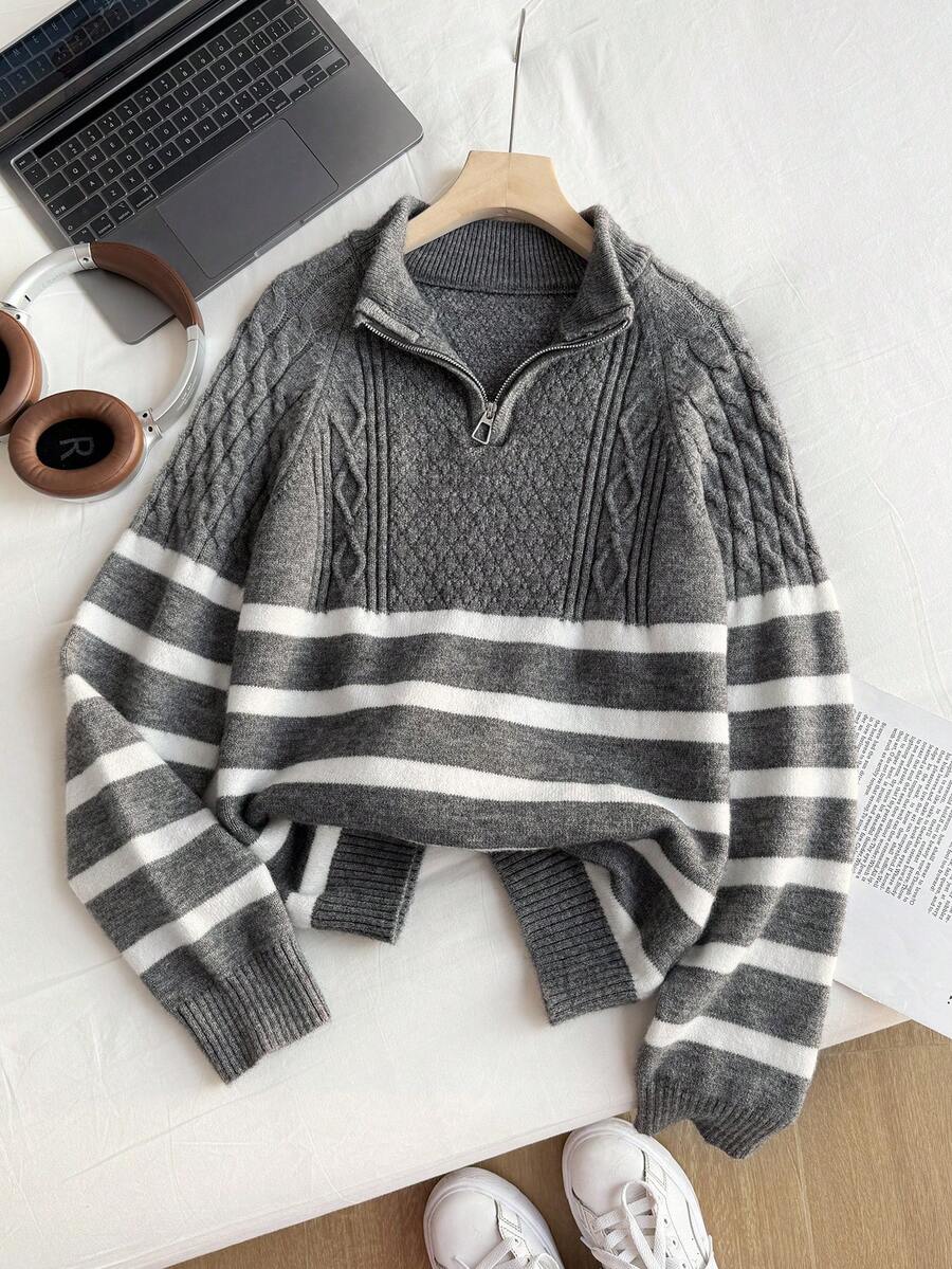 男式半拉链扭绳长袖毛衣 - 灰色 - 查看 1