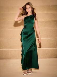 Elegant Fitted One Shoulder Slit Ruffle Hem Dress For Girls, Suitable For Wedding, Prom, Birthday Party, Christmas, Halloween, Back To School, Graduation - Dark Green - View 6