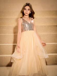 Elegant Champagne V-Neck Gold Sequin Mesh Dress For Tween Girls,Summer Flower Girl Gown For Evening Party,Christmas,Prom,Wedding,Graduation - Champagne - View 5