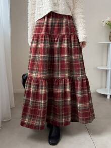 FRIFUL 女士休闲长款格子裙，荷叶边下摆，秋冬季圣诞节新年装 - 紅色 - 查看 2