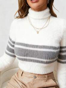 INAWLY Suéter corto de cuello alto de manga larga a rayas para mujer, otoño/invierno - Gris - Ver 3