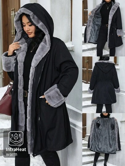 Elenzga Plus Size Women Hooded Long Sleeve Cinched Waist Casual Winter Jacket