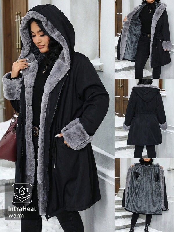 Elenzga Plus Size Women Hooded Long Sleeve Cinched Waist Casual Winter Jacket