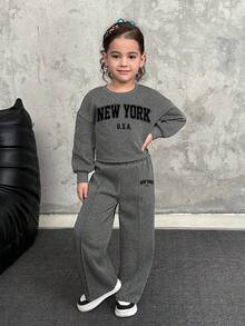 SHEIN 2件套少女纯色圆领休闲运动衫和紧身裤套装 - 灰色 - 查看 4