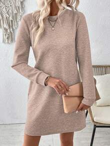 EMERY ROSE Women's Solid Color Round Neck Loose Casual Straight Long Sleeve Dress - Apricot - View 5