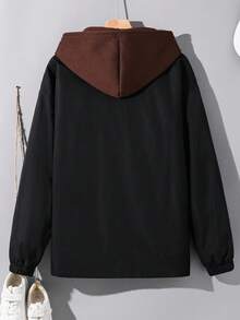 SHEIN Teen Boys' Casual Comfortable Versatile Color Block Hooded Jacket Fall Autumn And Winter Clothes Suitable For Commuting, School, Daily Casual, Vacation, Outdoor, College Party Bomber Jacket - Black - View 2