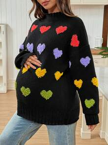 SHEIN Áo len dệt kim cổ tròn hở vai họa tiết trái tim cho bà bầu - màu đen - Xem 7