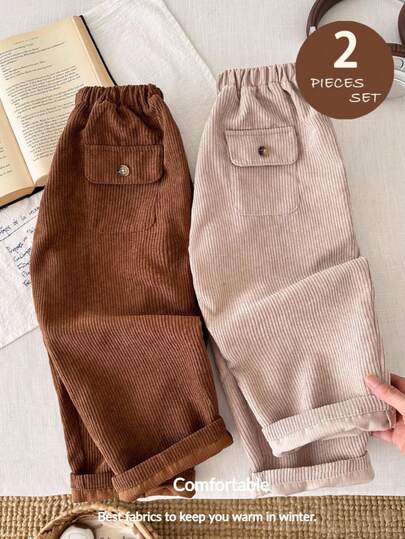 LMoss Kids LMoss  2pcs Young Boy Corduroy Solid Color Casual Pants Set,Suitable For Daily Wear In Autumn And Winter,Cozy Fall & Winter Styles,Styles Confortables D'automne&Hiver,Winter Clothesgemütliche Herbst- & Winterstile,