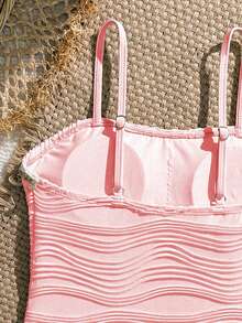 SHEIN 青少年女孩连体泳衣，采用纹理面料和网眼裙，适合海滩、泳池、休闲和度假，春夏季贝壳泳衣粉色连体泳衣，适合青少年女孩高腰泳衣青少年紧身衣套装泳衣套装青少年高腰泳衣 - 粉色 - 查看 4