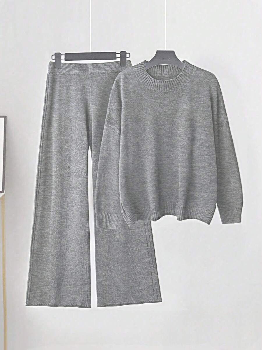 Linhara 大码女士针织羊毛毛衣家居服套装,咖啡色 - 灰色 - 查看 1