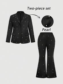 SHEIN MOD 大码珍珠装饰长袖上衣和喇叭裤两件套西装 - 黑色 - 查看 9