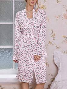 CottageSlumber 2pcs Ditsy Floral Long Sleeve Robe And Fitted Camisole Nightgown Women Sleepwear Pajama Set, Fall Winter Clothes - Pink - View 8