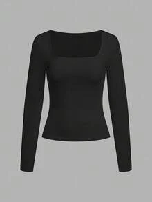 SHEIN EZwear Bộ 2 áo thun dài tay cổ vuông ôm vừa vặn, thích hợp cho mùa thu/đông - màu đen - Xem 5