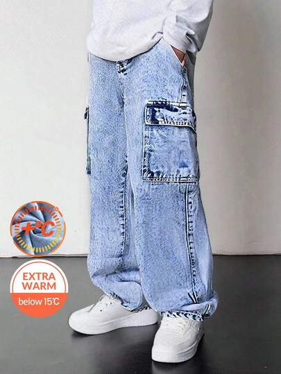 SHEIN Tween Boy Fashion Casual Y2k Vintage Cool Street Returns To School College Basic Simple And Comfortable Workwear Pocket Design Blue Denim Fleece And Pile Warm Sole Loose Jeans For Soft Dailywear And Winter And Fall Rave Festival And Streetwear