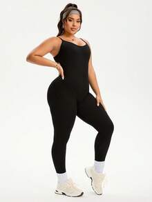 Rhythm Era Plus Size Women Solid Color Camisole Jumpsuit For Daily Fitness & Sports Seamless Workout Jumpsuits Tummy Control Bodysuit